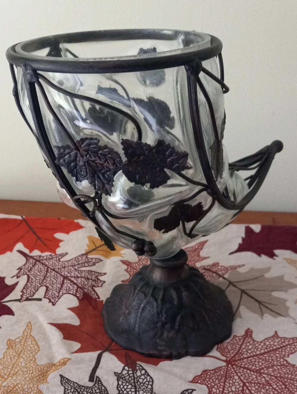 Caged Glass & Wrought Iron Cornucopia Horn of Plenty Fall Centerpiece Vase